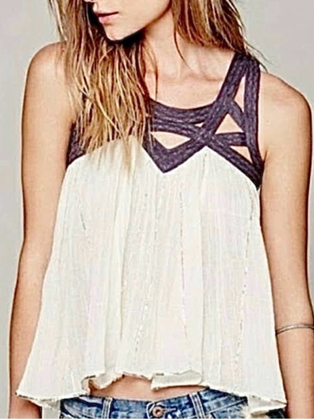 Cream Pleated Camisole with Charcoal Cutout Yoke